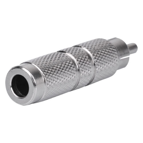 Silberner HAWK RCA Stecker mit geriffelter Oberfläche auf weißem Hintergrund