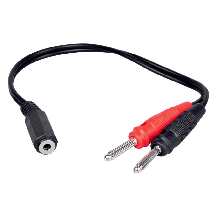 Schwarzes HAWK Adapterkabel mit Bananenstecker Schwarzes Adapterkabel mit 3.5mm Buchse und roten sowie schwarzen Bananensteckern auf weißem Hintergrund