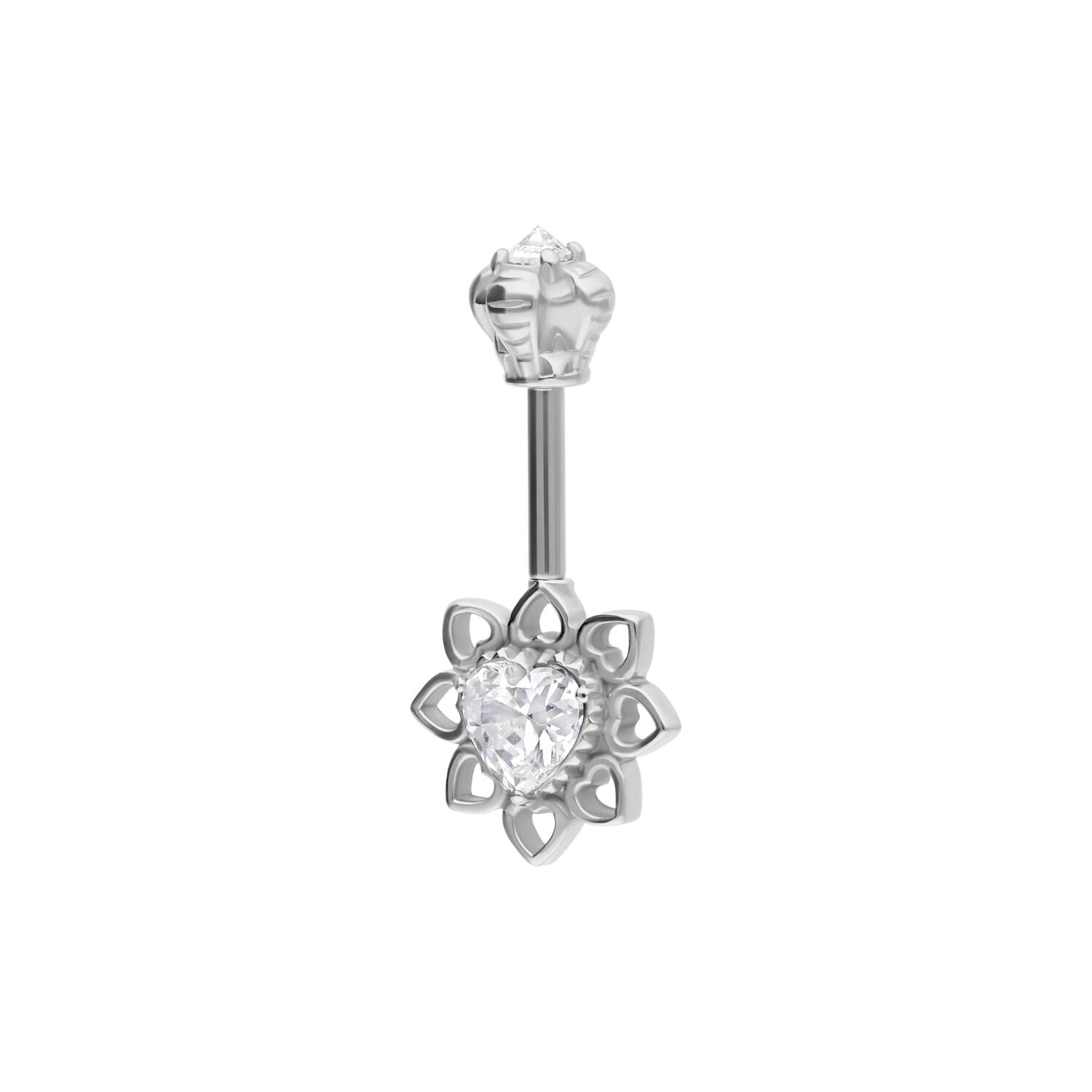Silbernes Helix Barbell mit Kristallblume Silbernes Helix Barbell mit herzförmigem Kristall und Blumenmuster auf weißem Hintergrund
