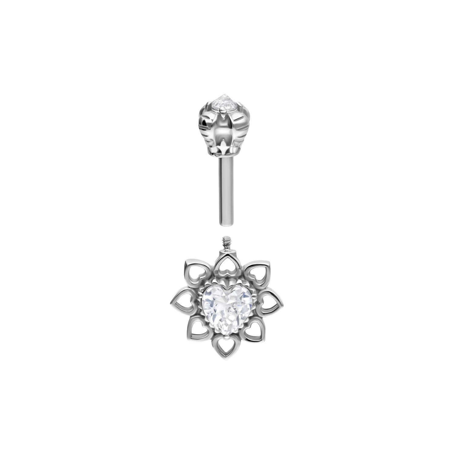 Vertikales Helix Barbell mit Kristallblume Silbernes Helix Barbell mit herzförmigem Kristall und Blumenmuster auf weißem Hintergrund