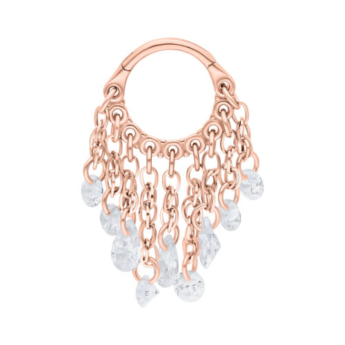 Piercingring in Roségold mit klaren, hängenden Kristallen auf weißem Hintergrund