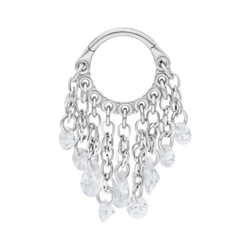 Silberner Clicker mit hängenden klaren Kristallen auf weißem Hintergrund