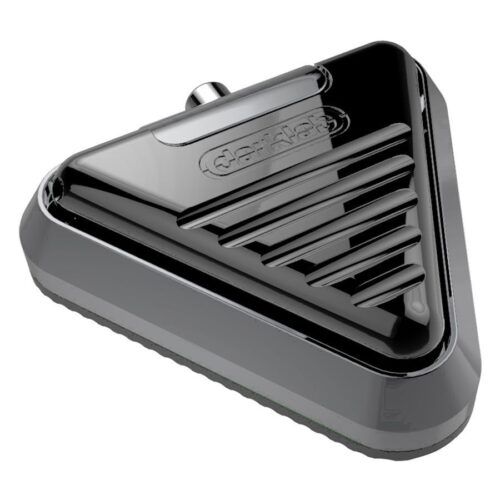 Dreieckiger Delta Fußschalter aus Aluminium in Schwarz und Grau auf weißem Hintergrund