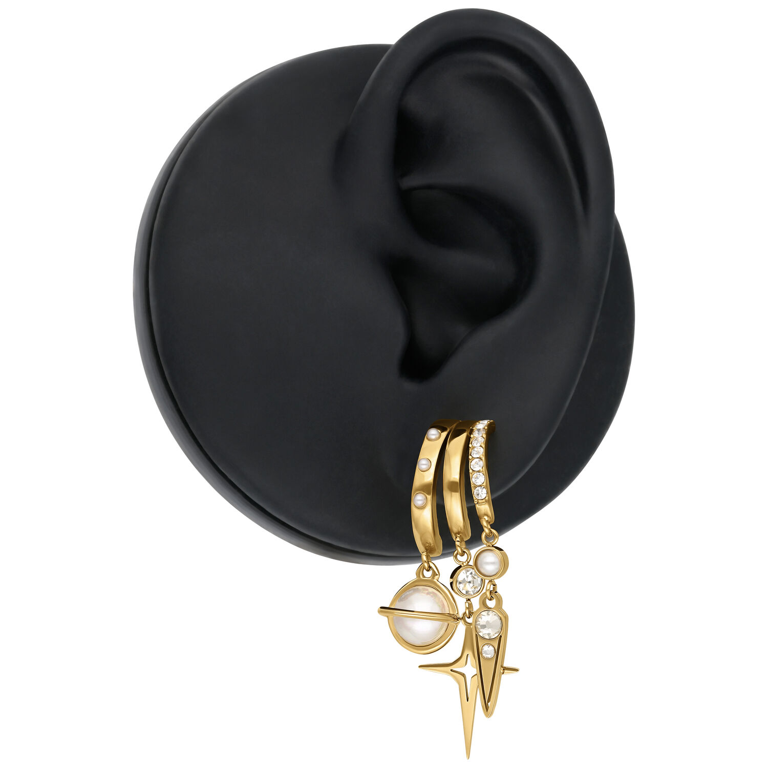 Goldene Pearl Starlight Ohrstecker Elegante goldene Ohrstecker mit Perlen und Sternendesign auf schwarzem Hintergrund