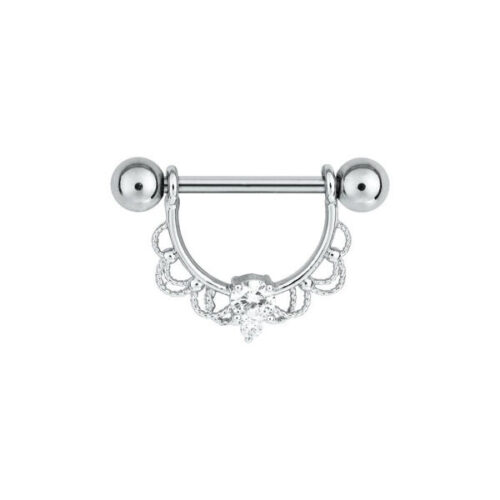 Silberner Nippel Barbell aus Chirurgenstahl mit Kristall und dekorativem Design auf weißem Hintergrund