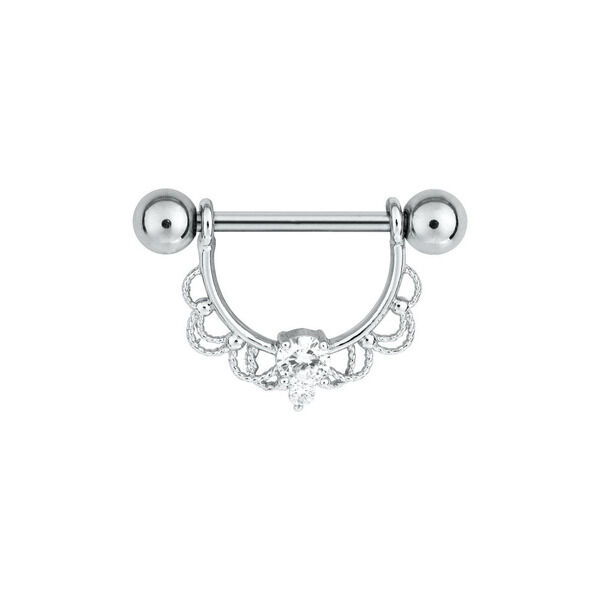 Silberner Nippel Barbell mit Kristallverzierung Silberner Nippel Barbell aus Chirurgenstahl mit Kristall und dekorativem Design auf weißem Hintergrund