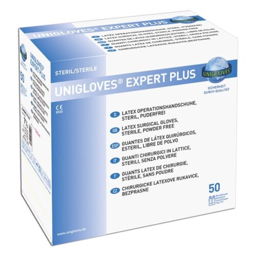 Verpackung von Unigloves Expert Plus, weiße Latexhandschuhe, 50 Stück