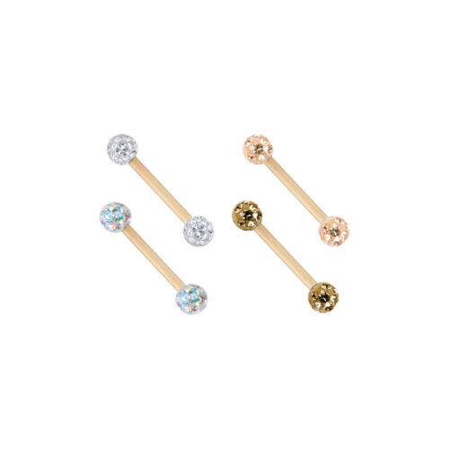 Vier goldene Piercings mit verschiedenen Kristallfarben auf weißem Hintergrund