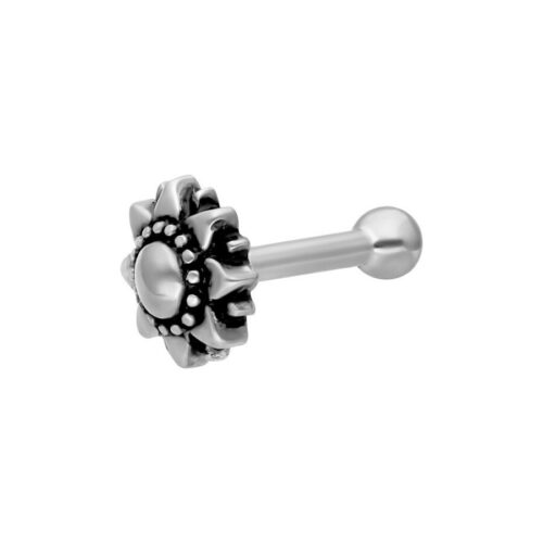Silbernes Barbell Piercing mit Sonnenblumen-Design auf weißem Hintergrund