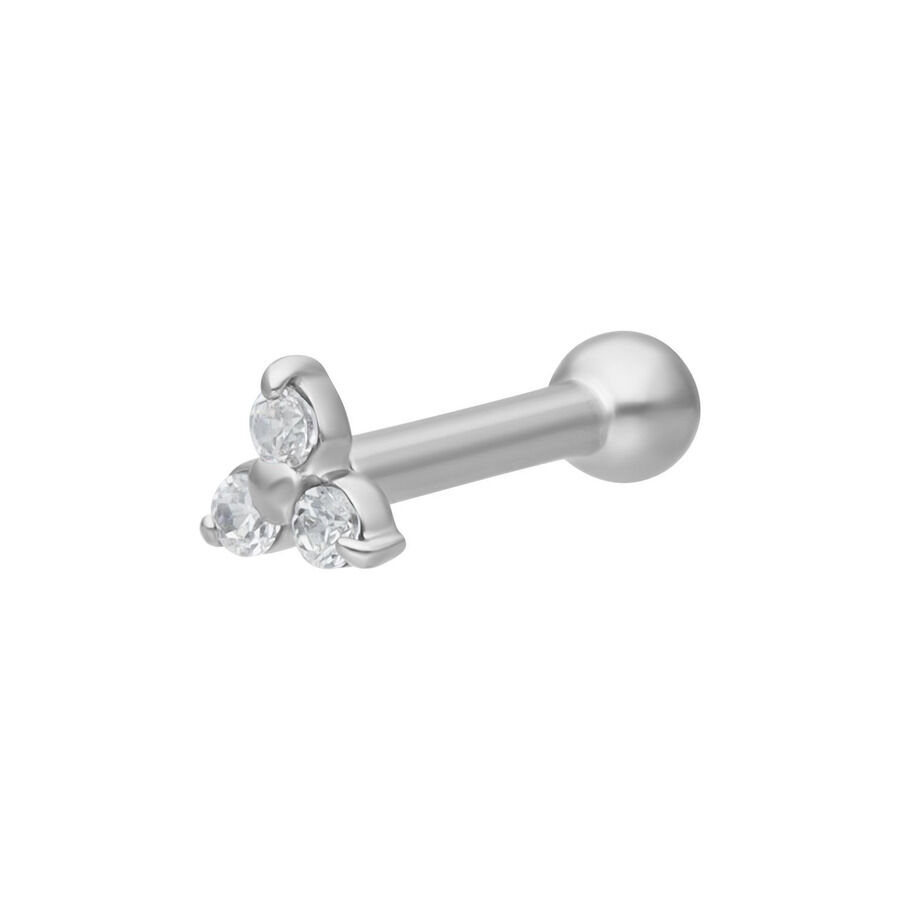 Silberner Trinity Earbarbell mit drei kristallklaren Steinen auf weißem Hintergrund