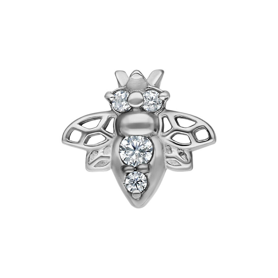 Bienenförmiger Aufsatz aus silbernem Chirurgenstahl mit vier klaren Kristallen auf weißem Hintergrund