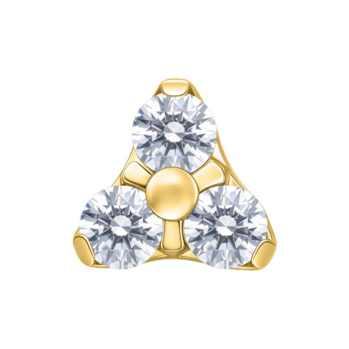 Goldener Trinity Aufsatz mit drei klaren Kristallen auf weißem Hintergrund