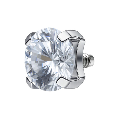 Silberfarbener Piercing-Aufsatz mit kristallklarem Stein auf weißem Hintergrund