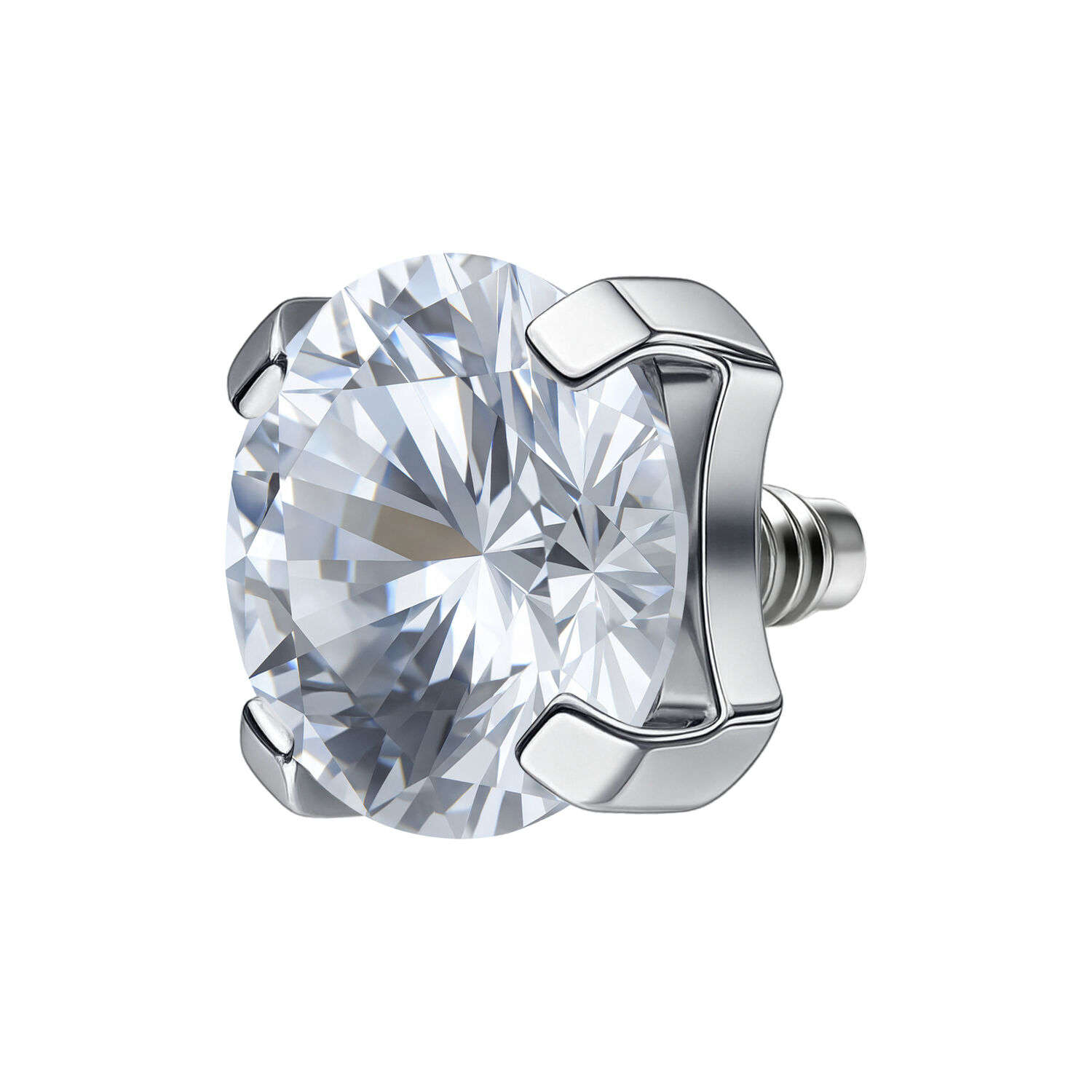 Silberfarbener Piercing-Aufsatz mit kristallklarem Stein auf weißem Hintergrund