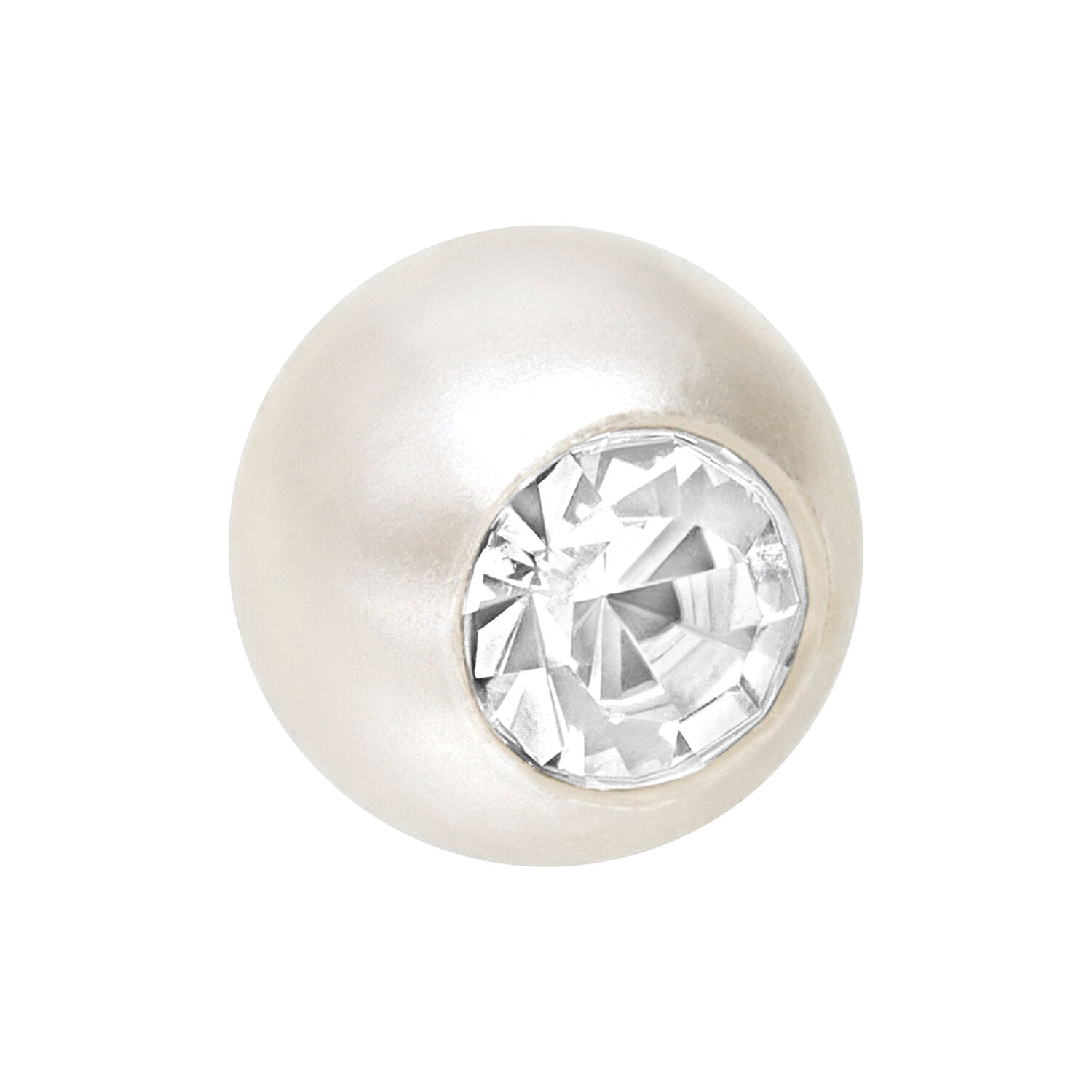 Weiße Perle aus synthetischem Material mit klarem Kristall auf weißem Hintergrund