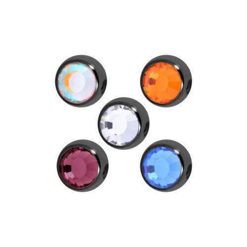 Fünf schwarze Titan-Kugeln mit farbigen Kristallen auf weißem Hintergrund