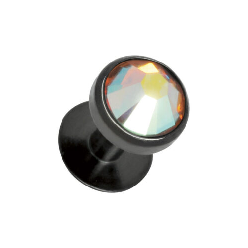 Schwarzes Titan Piercing mit großem Aurora Boreale Kristall auf weißem Hintergrund
