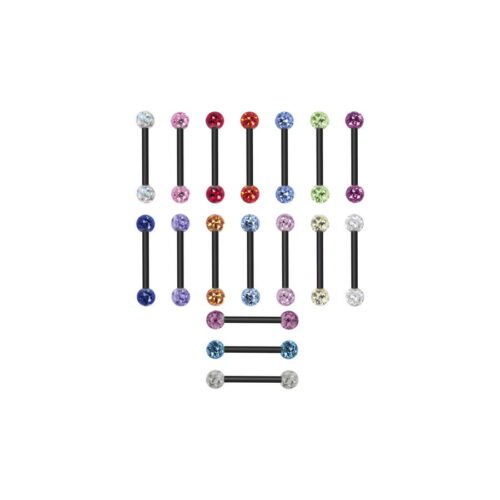 Schwarze Titan Barbell Piercings mit verschiedenen farbigen Kristallkugeln auf weißem Hintergrund