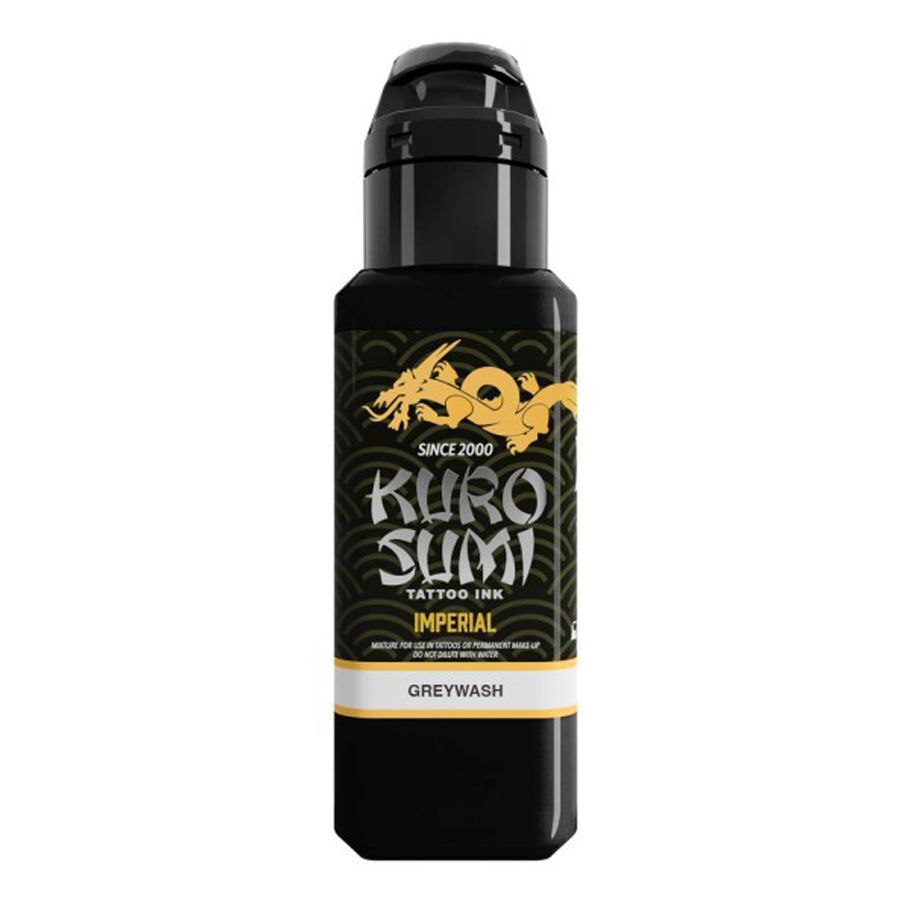 Kuro Sumi Tattoo Ink Grau 44ml Schwarzes Fläschchen Kuro Sumi Tattoo Tinte Imperial Soft Greywash auf weißem Hintergrund