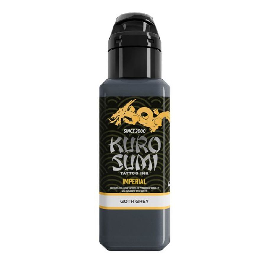 Flasche Kuro Sumi Tattoo Tinte in Goth Grey auf weißem Hintergrund