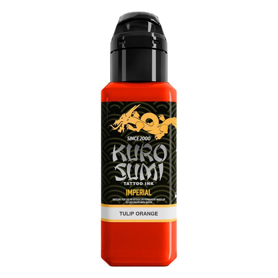 Kuro Sumi Tattoo Farbe Tulip Orange 44 ml Flasche mit Kuro Sumi Tattoo Tinte in leuchtendem Orange auf weißem Hintergrund
