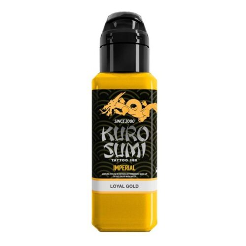 Gelbe Kuro Sumi Tattoofarbe in Flasche mit schwarzem Deckel auf weißem Hintergrund
