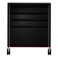 Schwarze Tattoo Workstation 2.0 aus Aluminium mit Rollen auf weißem Hintergrund