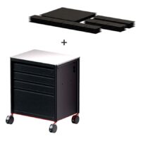 Schwarze Tattoo Workstation mit Rollen, drei Schubladen und Aluminiumrahmen auf weißem Hintergrund