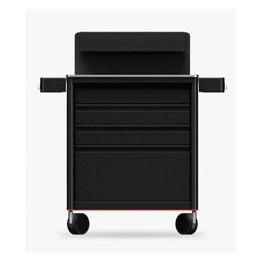 Schwarze Tattoo Workstation aus Aluminium mit Rollen auf weißem Hintergrund