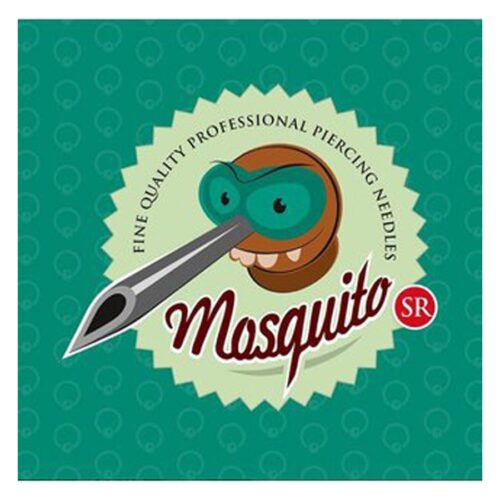 Grüne Mosquito Piercingnadeln Box mit Logo und Nadelgrafik