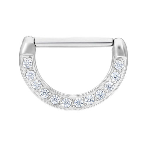 Silberner Nipple Clicker mit kristallklaren Steinen auf weißem Hintergrund