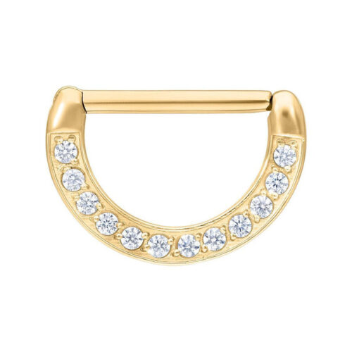 Goldener Nippel Clicker mit klaren Kristallen, 14 mm auf weißem Hintergrund