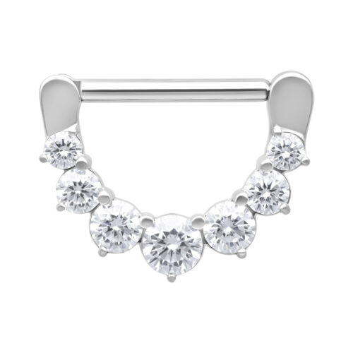 Silberner Nippel-Clicke mit klaren Kristallen auf weißem Hintergrund