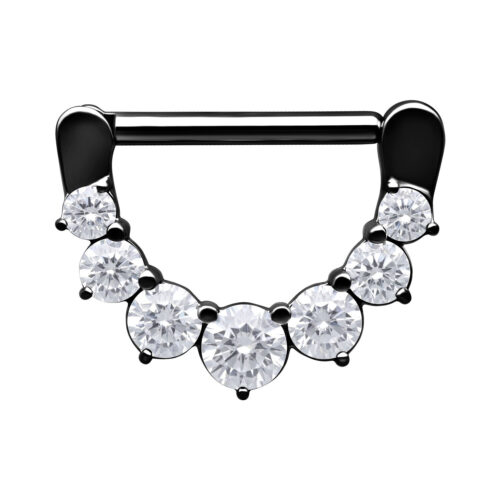 Schwarzer Nipple Clicker mit fünf klaren Kristallen auf weißem Hintergrund