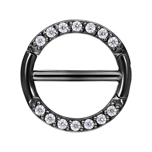 Schwarzer Nipple Clicker mit klaren Kristallen auf weißem Hintergrund