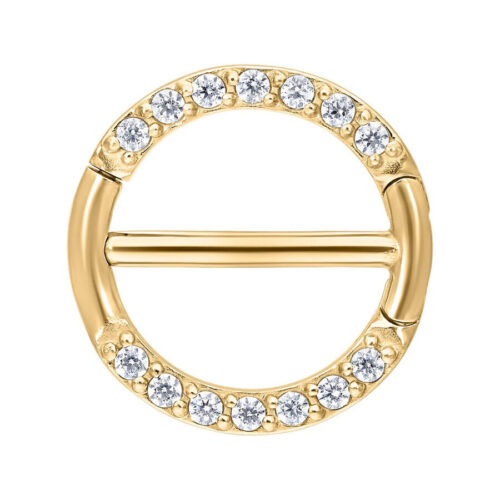 Goldener Nipple Clicker, verziert mit klaren Kristallen auf weißem Hintergrund