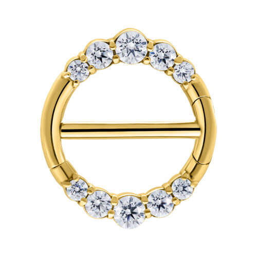 Goldener Nippel Clicker mit klaren Kristallen auf weißem Hintergrund