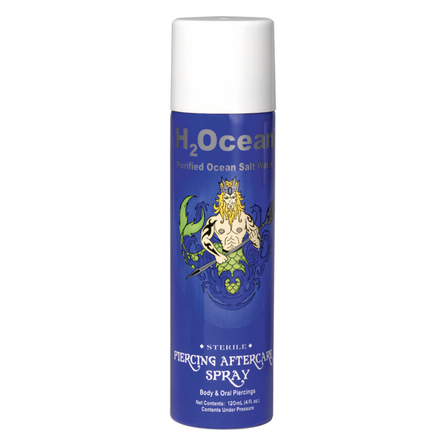 H2Ocean Piercing Pflege Spray 120 ml Blaues Spray für Piercingpflege mit H2Ocean Logo auf weißem Hintergrund