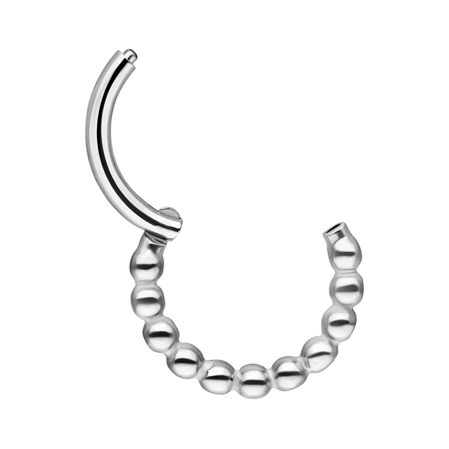 Silberfarbener Ball Chain Clicker 6,0 mm Silberner Ball Chain Clicker mit 6,0 mm Innendurchmesser auf weißem Hintergrund