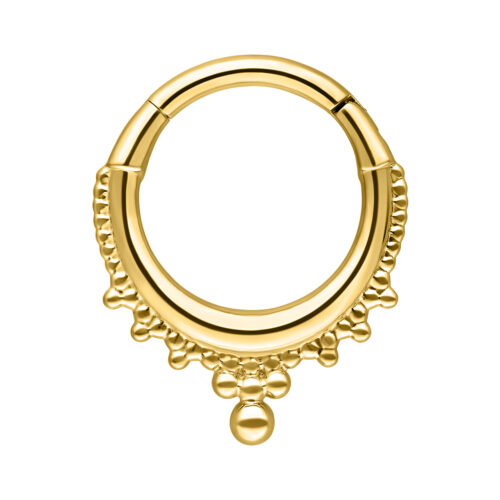Goldener Piercingring mit Kronendesign, aus Chirurgenstahl auf weißem Hintergrund