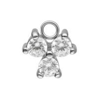 Silberner Kristallanhänger mit drei funkelnden Steinen auf weißem Hintergrund