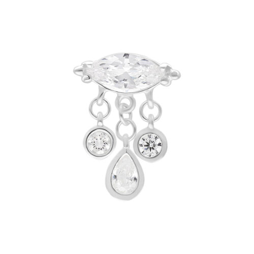Silberner Push Fit Bella Aufsatz mit klaren Kristallen auf weißem Hintergrund