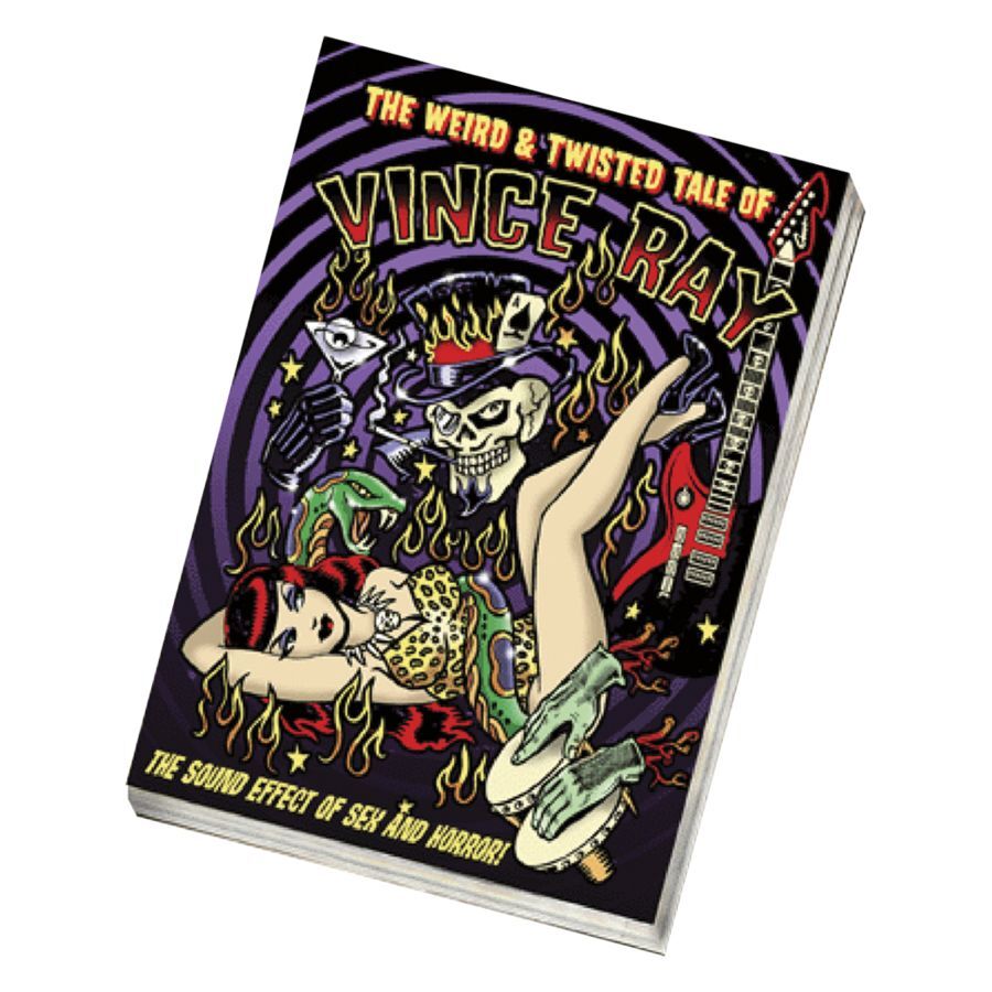 Buntes Buchcover mit Skelett, Frau und Gitarre vor lila Hintergrund