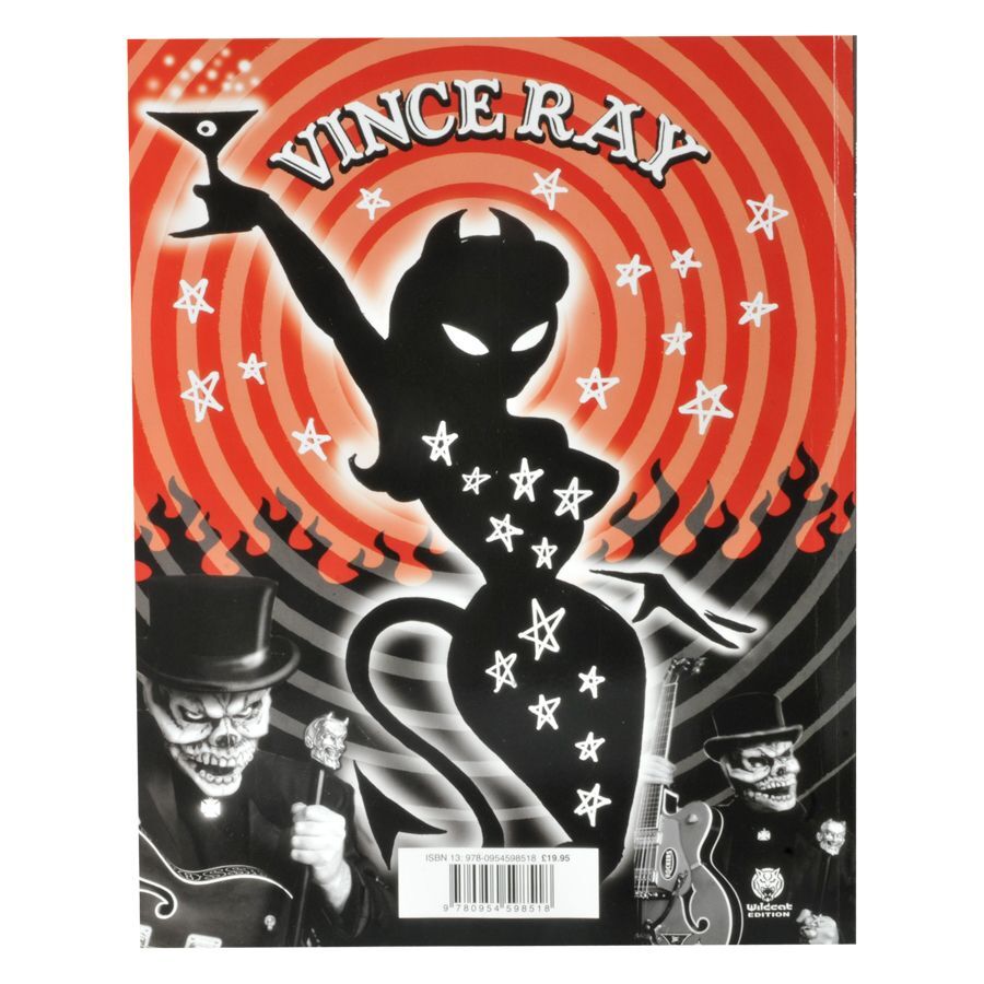 Schwarz-rotes Vince Ray Poster mit Teufelsfigur und Skelettmusikern