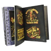 Offenes Buch mit bunten Rock'n'Roll und Voodoo Illustrationen
