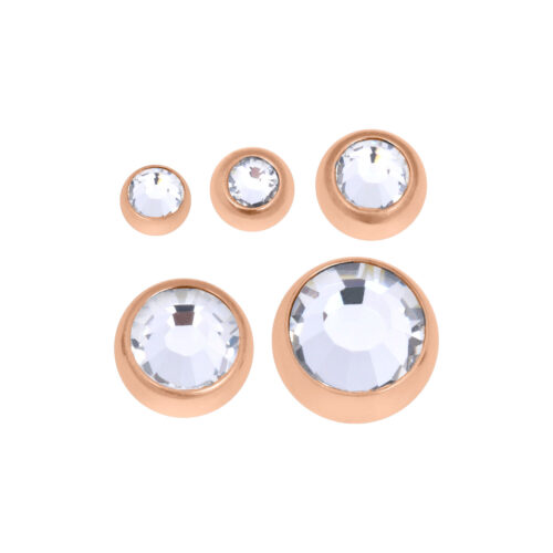 Roségoldene, fein gewindete Kugel mit klarem Kristall auf weißem Hintergrund