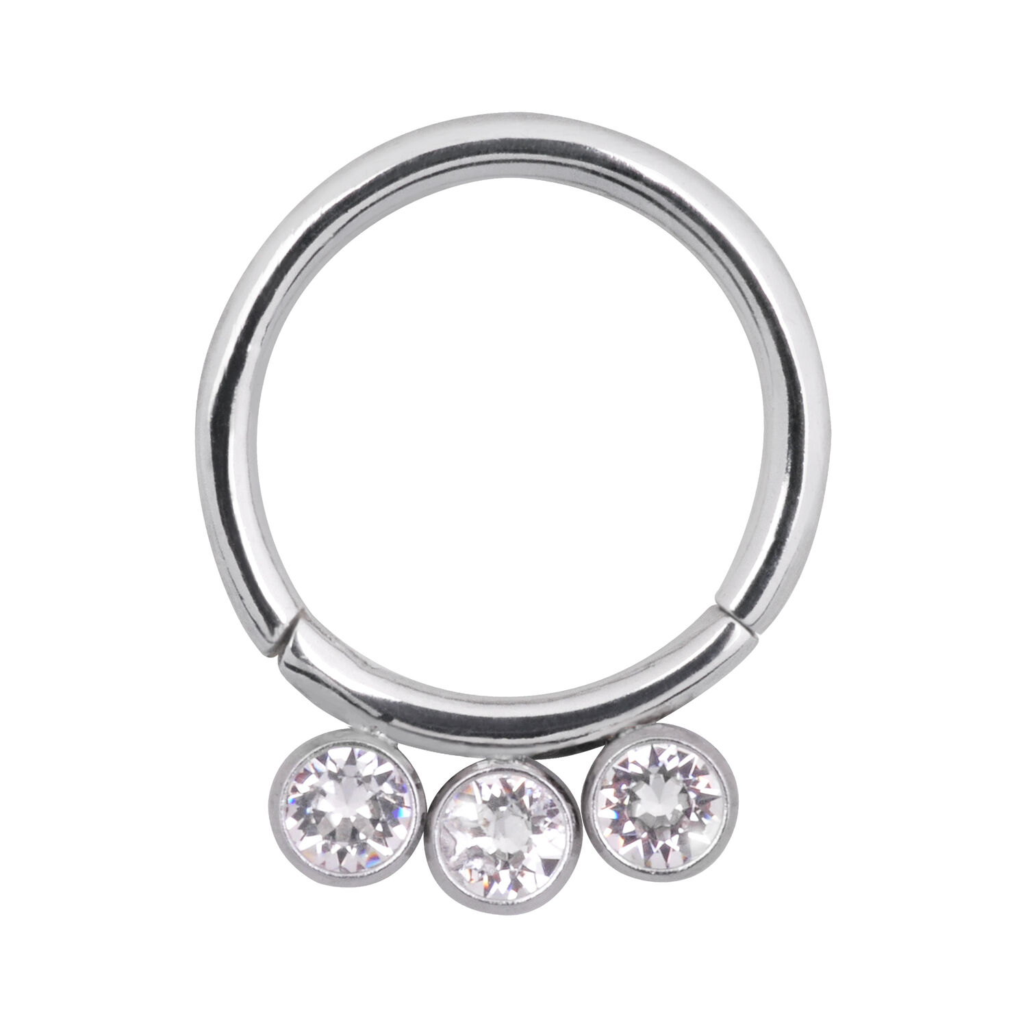 Silberner Piercing-Ring mit drei klaren Kristallen vor weißem Hintergrund