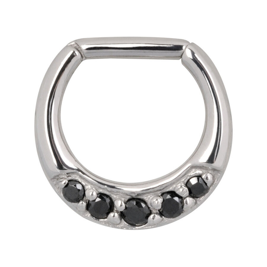 Schwarzer Kristall Septum Clicker 6mm Silberner Septum Clicker mit schwarzen Kristallen auf weißem Hintergrund