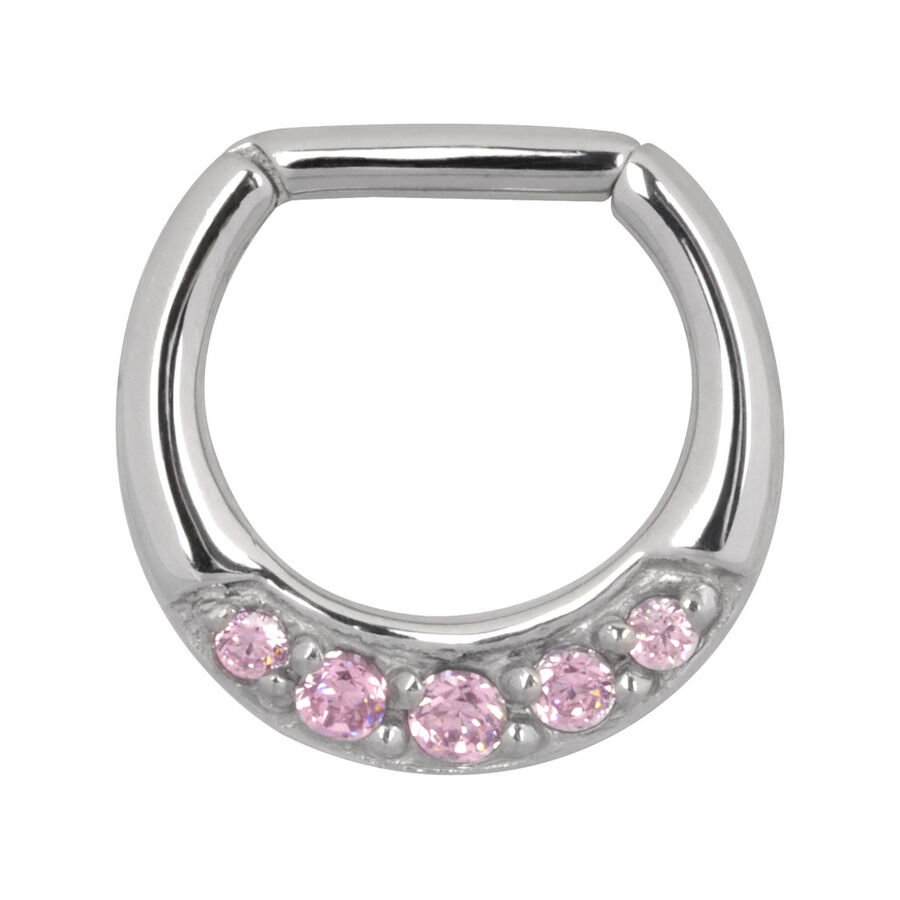 Silberner Septum Clicker mit rosa Kristallen Silberner Septum Clicker mit fünf rosa Kristallen auf weißem Hintergrund