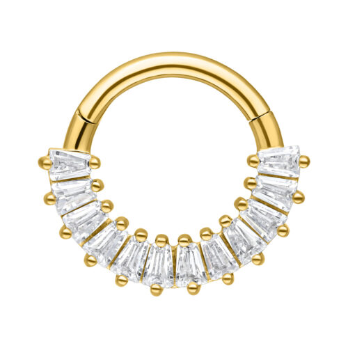 Goldener Septum Clicker aus Chirurgenstahl mit klaren Kristallen auf weißem Hintergrund